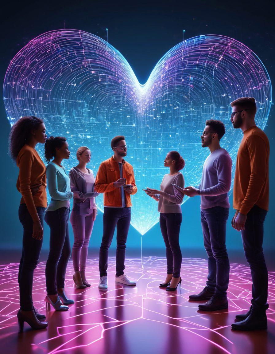 A diverse group of people engaged in vibrant conversations through holographic devices, forming heart-shaped patterns symbolizing deep connections. The background features digital networking lines interweaving, representing the vast web of online interactions. Super-realistic. Vibrant colors. Futuristic style.