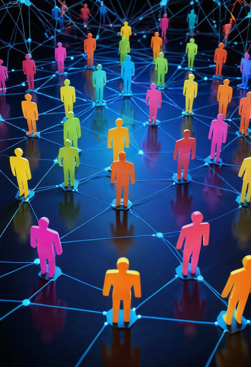 A vibrant social network web interlace showing nodes of famous celebrities connected by glowing threads, with smaller figures representing influencers and community members branching out, interacting and sharing. Dynamic and futuristic look with fluid, interconnected pathways. super-realistic. vibrant colors. 3D.