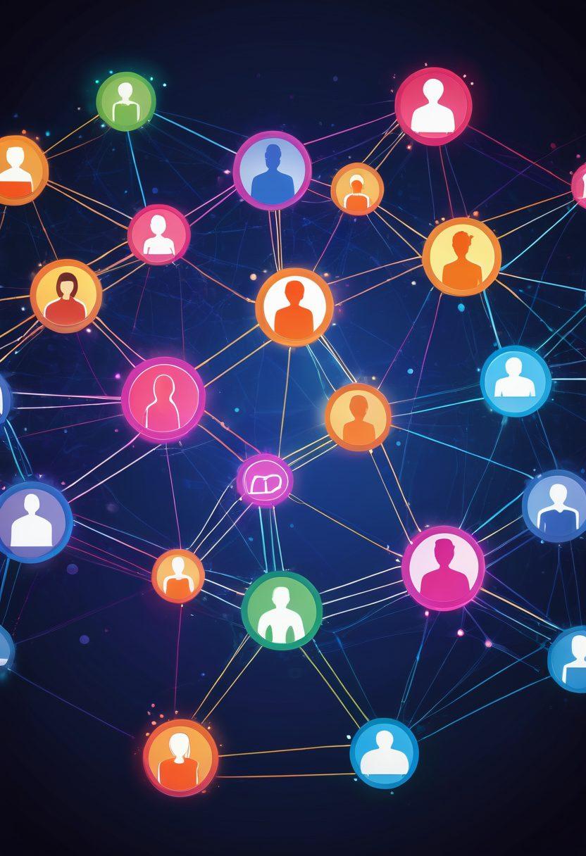 A dynamic illustration of interconnected nodes representing people from diverse backgrounds forming a web of connections. Each node is depicted as a glowing icon, symbolizing unity and success through collaboration. In the background, a digital interface of a social platform with icons of messages, likes, and shares enhances the theme. vibrant colors. vector art.